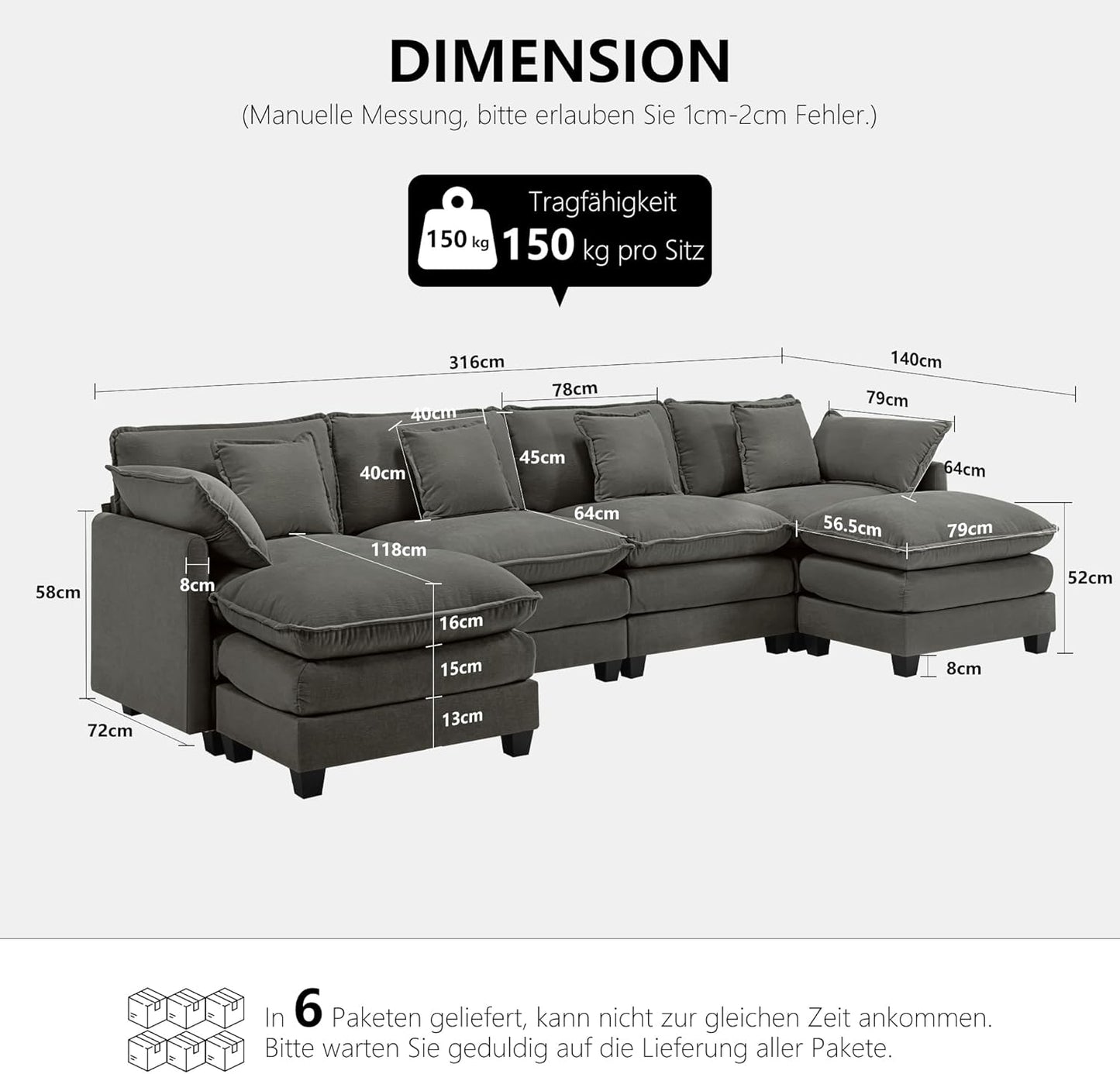 Urhanherry U-Form Cloud Sofa – 6-Sitzer XXL-Wohnlandschaft