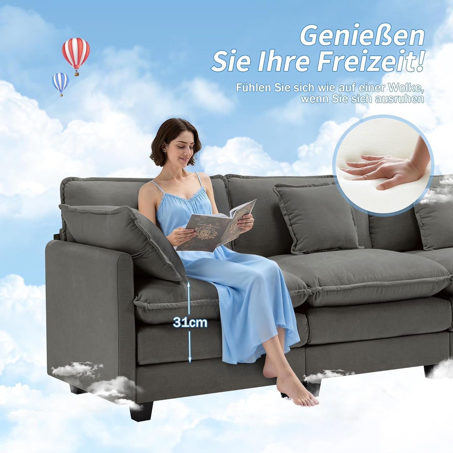 Urhanherry U-Form Cloud Sofa – 6-Sitzer XXL-Wohnlandschaft