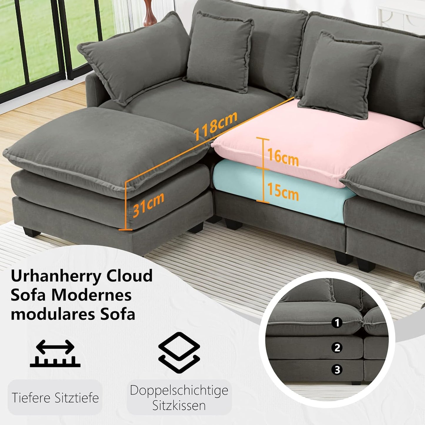 Urhanherry U-Form Cloud Sofa – 6-Sitzer XXL-Wohnlandschaft