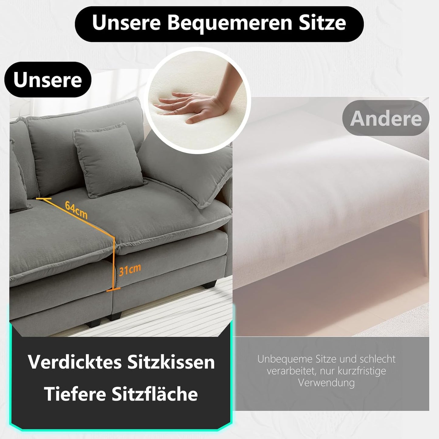 Urhanherry U-Form Cloud Sofa – 6-Sitzer XXL-Wohnlandschaft