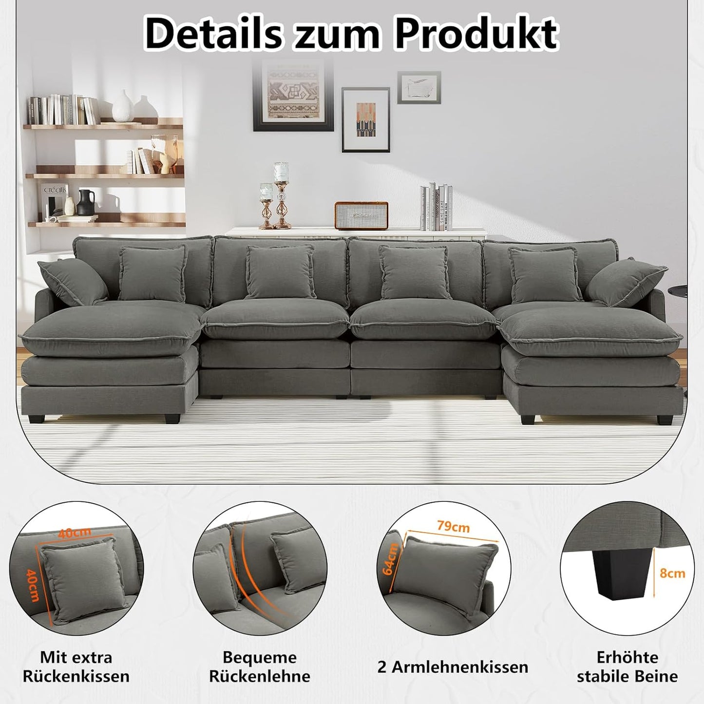 Urhanherry U-Form Cloud Sofa – 6-Sitzer XXL-Wohnlandschaft